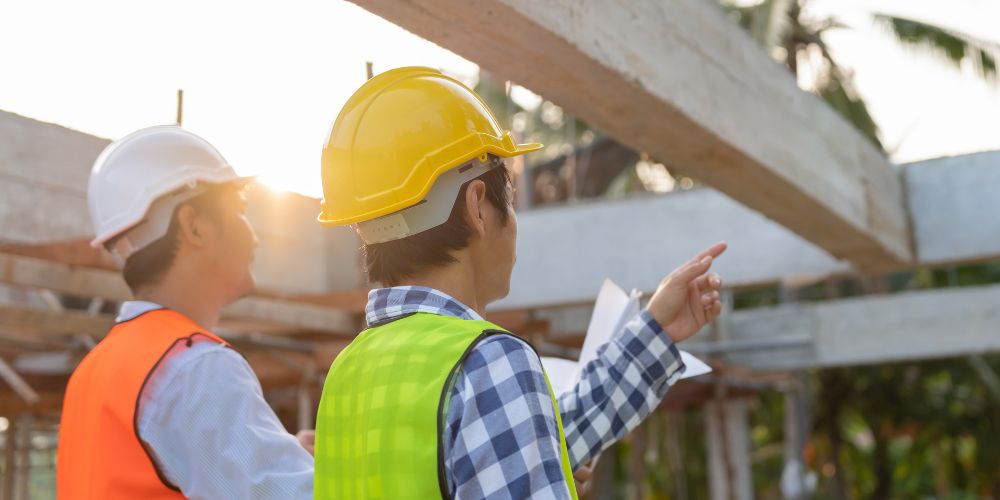 Roof workers pointing at under-construction roof