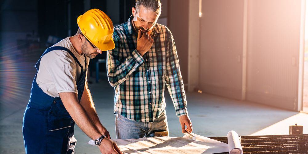 A contractor showing a client a roof plan.