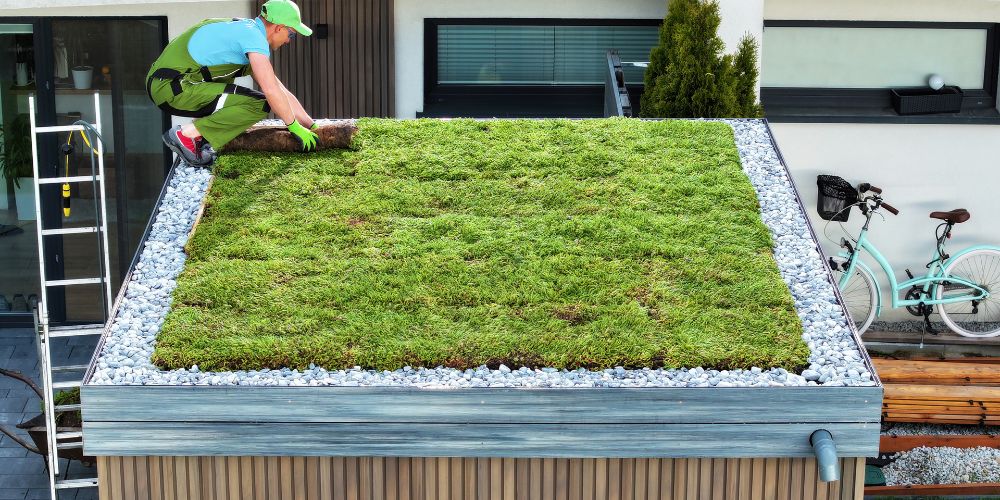 Man installing green roof